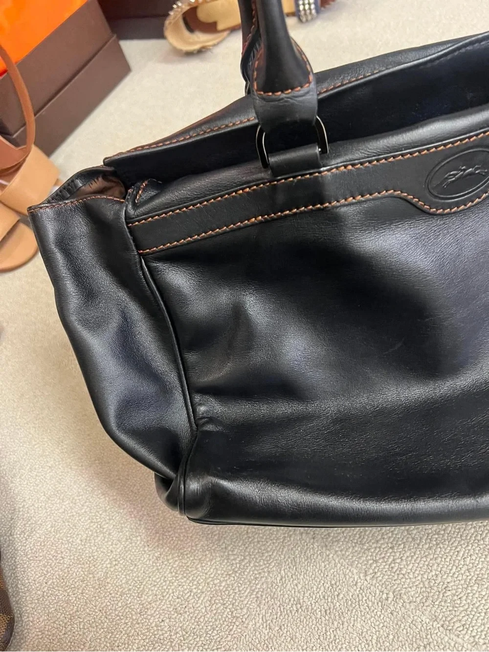 Longchamp Black Leather Tote with Brown Contrast Trim